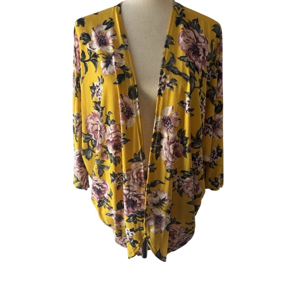 Lime N Chili Yellow Floral Knit Open Front Long Sleeve Cardigan Sweater S